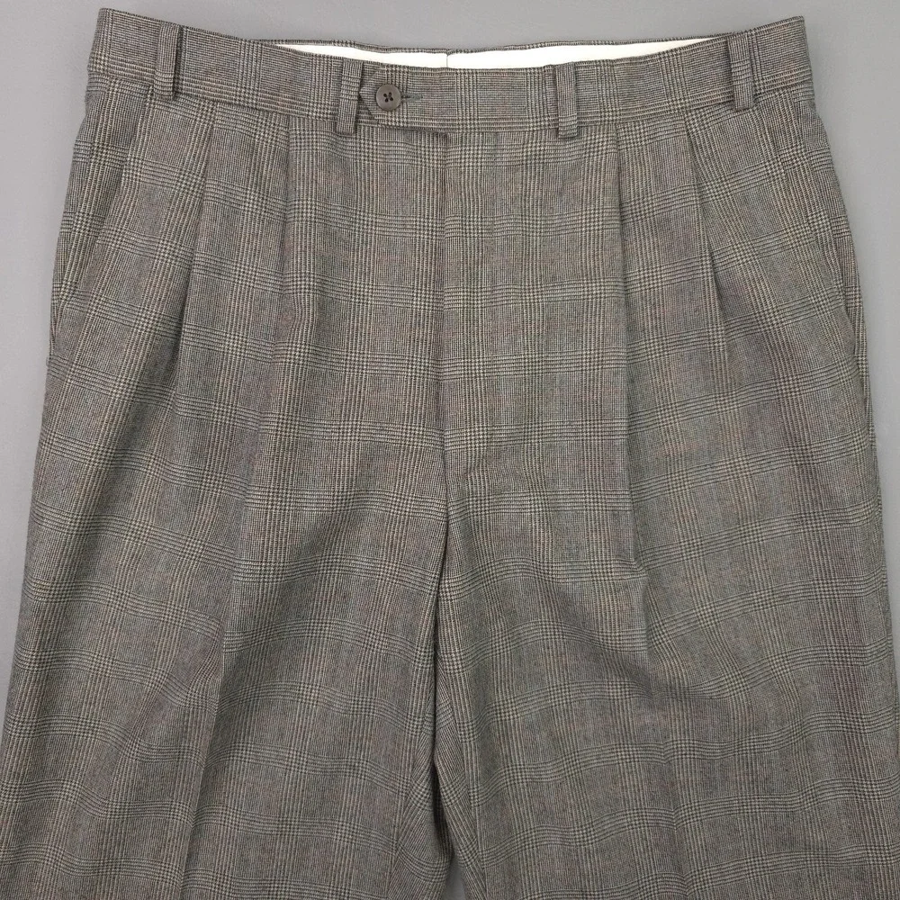 Polo University Pants Mens 35x32 Gray Wool Glen Plaid Pleated Cuffed Trousers